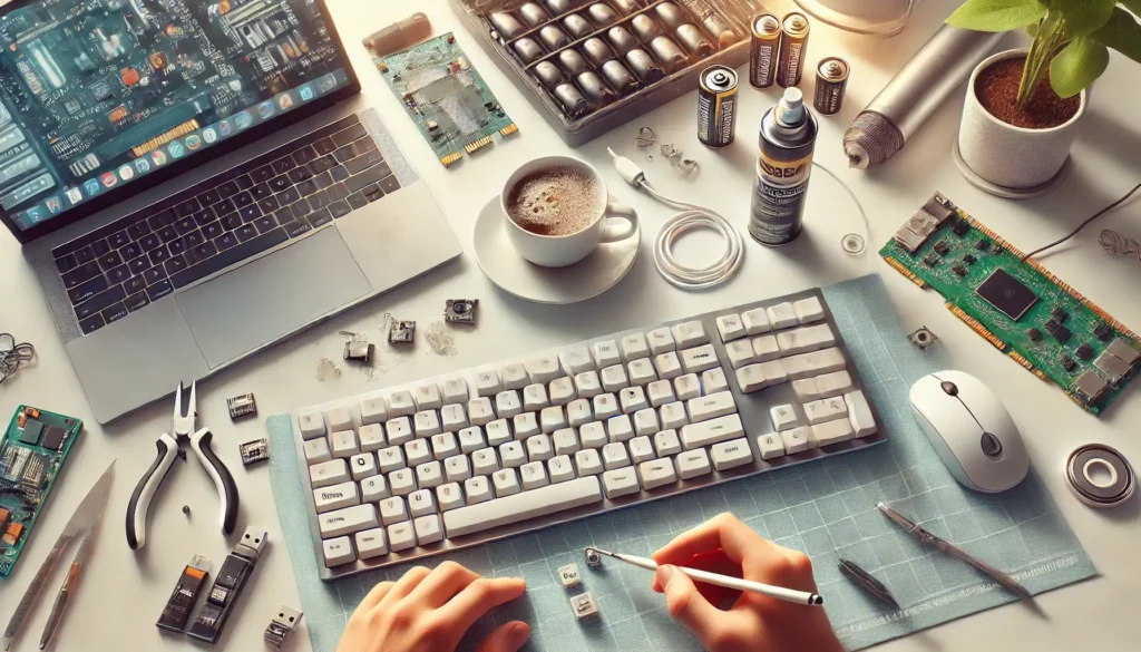 Keyboard troubleshooting with tools and spilled coffee on a desk.